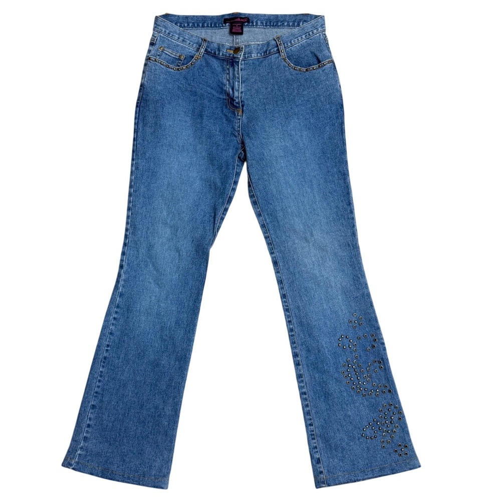 Vintage Y2K Low Rise Studded Flare Jeans Medium Wash Blue 8 willi smith